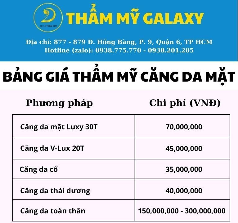 bảng giá căng da mặt xóa rãnh cười tại Thẩm mỹ Galaxy