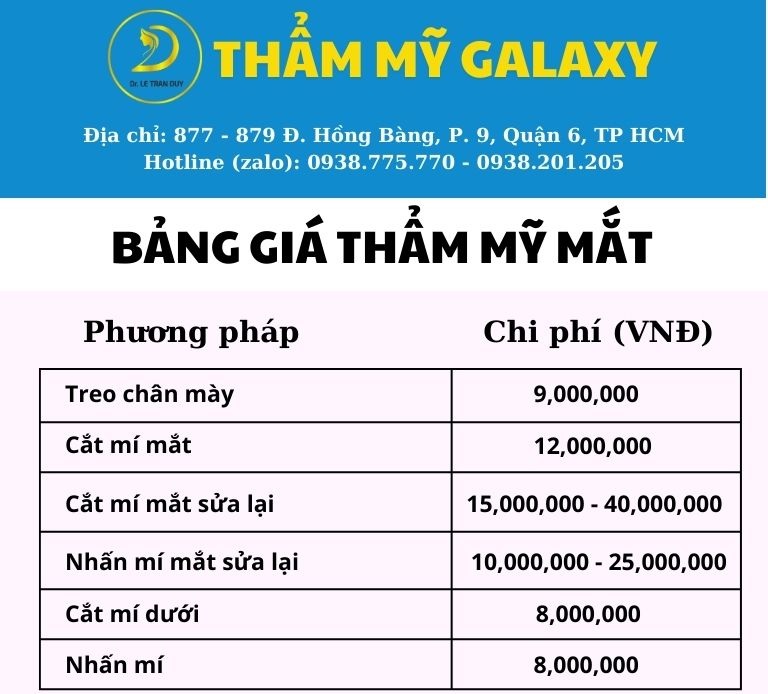 bảng giá cắt mí tại Thẩm mỹ Galaxy