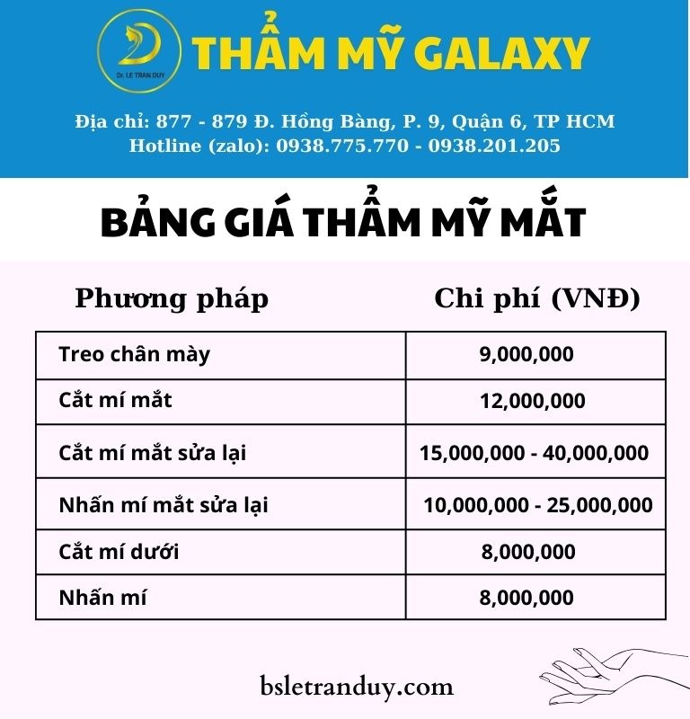 bảng giá cắt mí mắt ở Thẩm mỹ Galaxy TPHCM