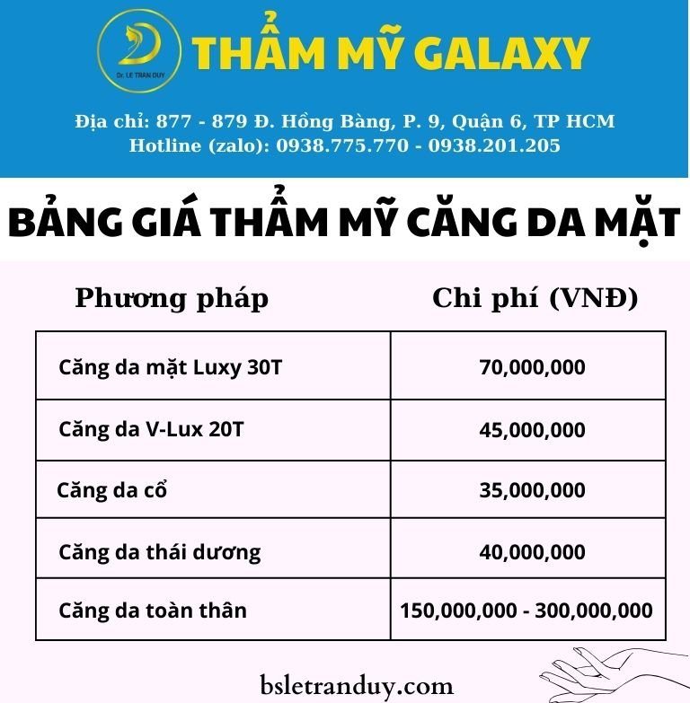 bảng giá căng da mặt tại Thẩm mỹ Galaxy TPHCM