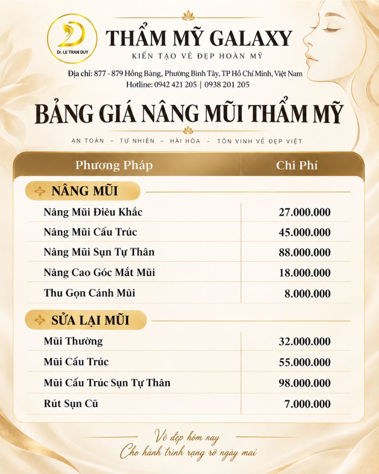 Bảng giá nâng mũi thẩm mỹ tại Thẩm mỹ Galaxy do Bác sĩ Lê Trần Duy thực hiện