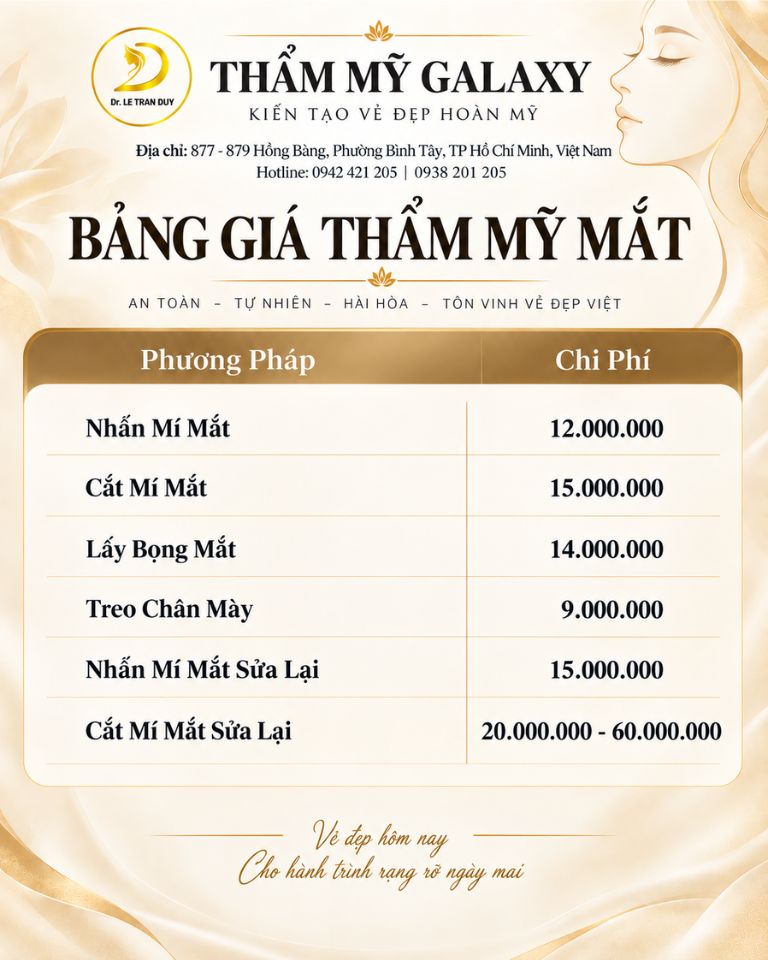 Bảng giá thẩm mỹ mắt tại Thẩm mỹ Galaxy do Bác sĩ Lê Trần Duy thực hiện